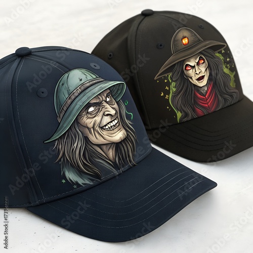 Two Scary Halloween Witch Faces Stickers on Dark Baseball Caps Mockup for Merchandise