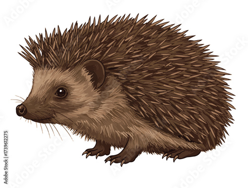 Cute hedgehog illustration with detailed spines and soft brown fur on white background. Perfect for children’s books, education, nature themes, wildlife posters, and creative animal designs.