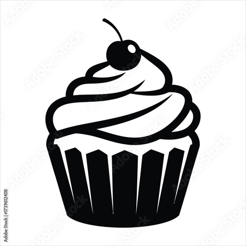 Black and white graphic icon of a cupcake with cherry on top dessert sweet