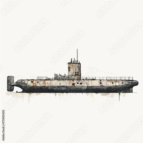 Submarine, watercolor illustration vector, isolated on a white background.