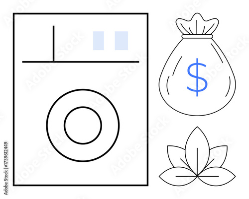 Washing machine, dollar bag, and eco leaves symbolizing cost efficiency, green energy, and sustainability. Ideal for laundry services, financial savings, eco-friendly living, energy conservation