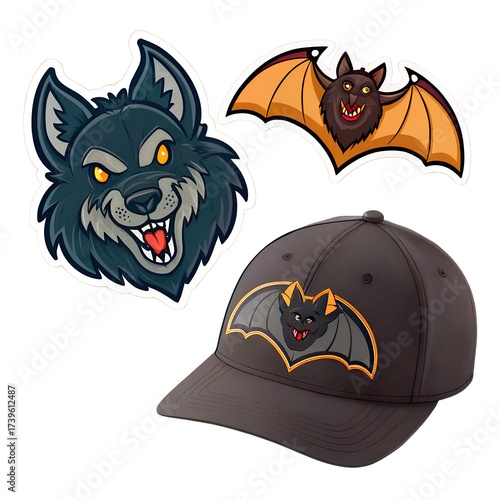 Scary Cartoon Halloween Stickers: Werewolf Head and Fanged Bat with Bat Design on Dark Baseball Cap