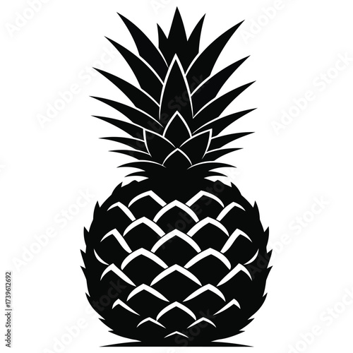 Black and white graphic silhouette of a pineapple with spiky leaves fruit tropical