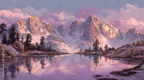 Serene mountain landscape depicts peaks dusted with snow, reflecting in the tranquil waters of a lake under a soft, pastel-colored sky with fluffy clouds and minimal trees.
