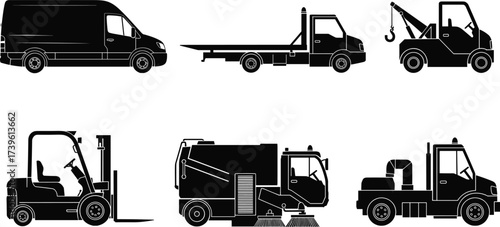 Utility vehicle silhouettes, industrial transport vector, service truck illustration, forklift, tow truck, street sweeper, black icons, maintenance fleet design