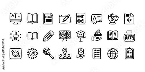 The set includes 40 Education and Learning web icons in line style. They include a school, university, textbook, and a learning object.vector icon