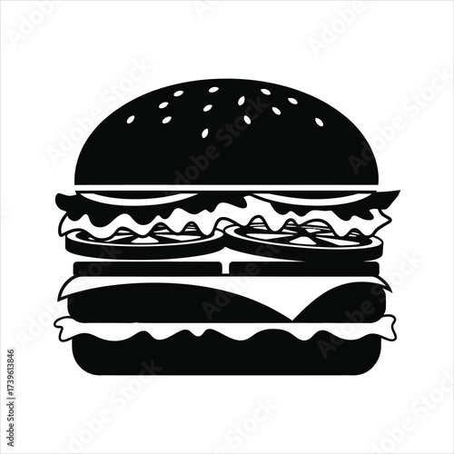 Black and white silhouette of a layered hamburger on a white background sandwich food