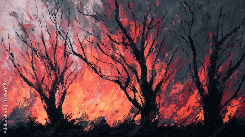 Fototapeta premium Intense forest wildfire with burning trees, expressive artwork capturing environmental destruction and climate urgency