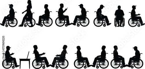 Wheelchair user silhouettes, inclusive mobility icons, disabled people vector, accessibility concept, diverse postures, assistive technology, communication, lifestyle, independence, empowerment