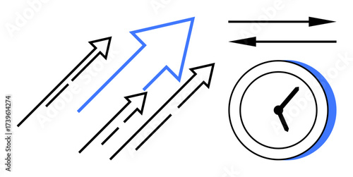 Dynamic arrows pointing upward represent growth and progress, paired with a clock emphasizing time management, speed, and productivity. Ideal for success, goals, efficiency, trends, time planning
