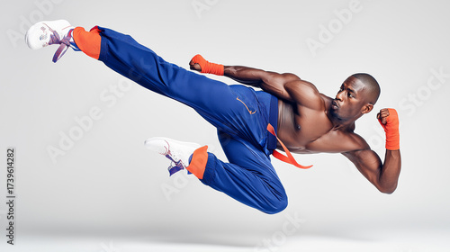 Explosive Mid-Air Kick, Male Athlete, Powerful Posture, Dynamic Sportswear, Subtle Color Accents, Isolated White Seamless Background, Sharp DSLR Detail