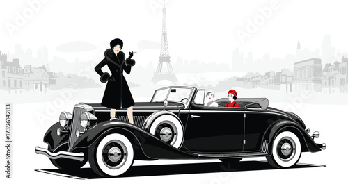 Vintage Paris fashion scene, elegant woman with fur coat, classic convertible car, Eiffel Tower background, retro luxury lifestyle vector illustration for design