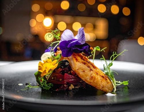 Gourmet dish presented with edible flowers on a black plate in a restaurant setting