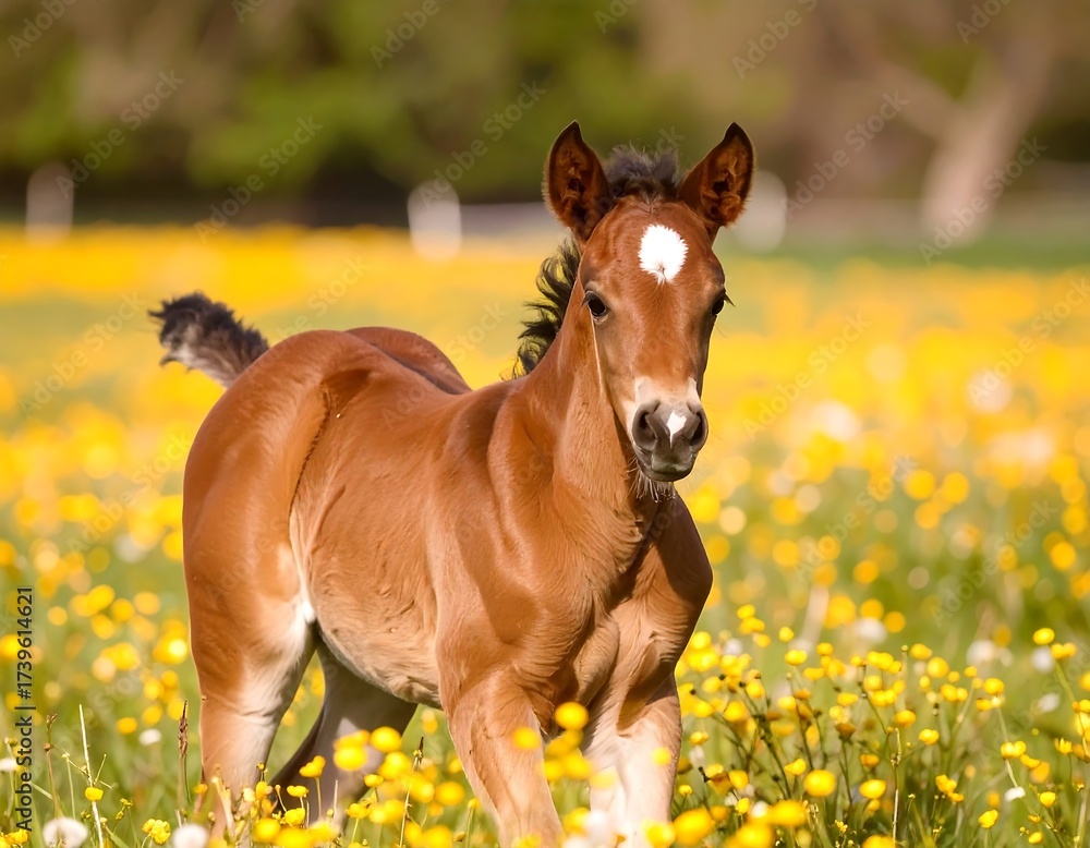 Obraz premium Young foal in a field of wildflowers (1)