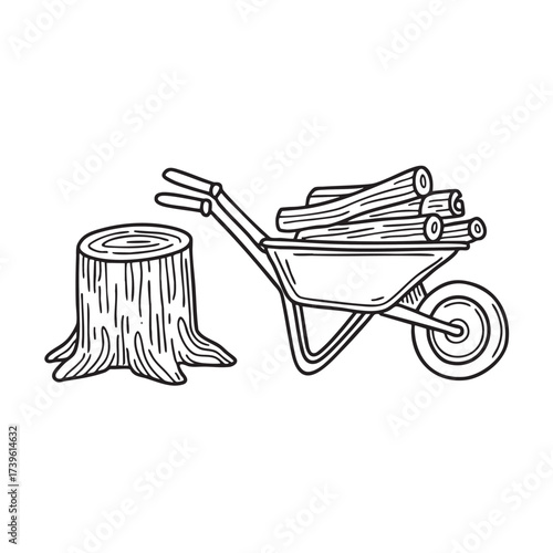 A wheelbarrow beside a tree stump with chopped wood stacked nearby