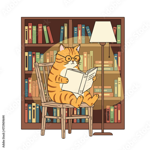 Cat Reading a Book in Cozy Vintage Library
