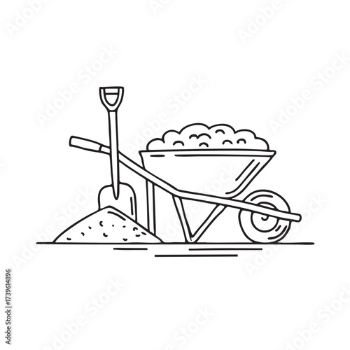 A wheelbarrow beside a pile of soil with a shovel resting nearby
