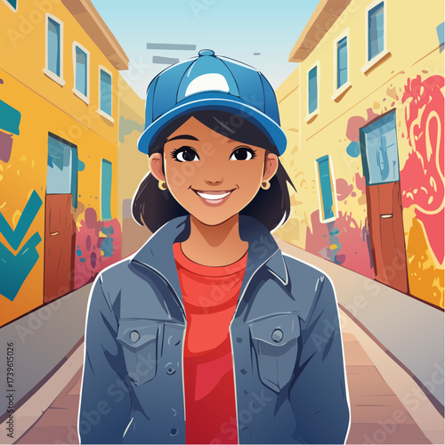 Smiling young woman wearing cap standing in colorful urban alleyway