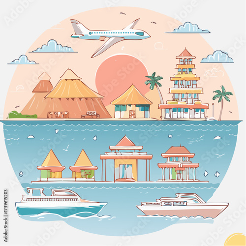 Bali vector landscape with airplane and tropical buildings at sunset