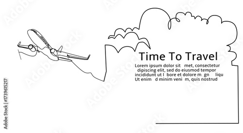 Plane flight with cloud line art illustration for travel transport vector 