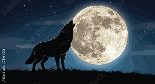 Wolf howling silhouette, full moon night sky vector, wild animal on grass, stars background, nature scene, wilderness, nocturnal wildlife, dramatic illustration