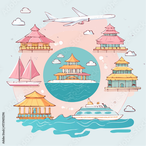 Asian temples with sailboat and airplane travel destinations in pastel colors