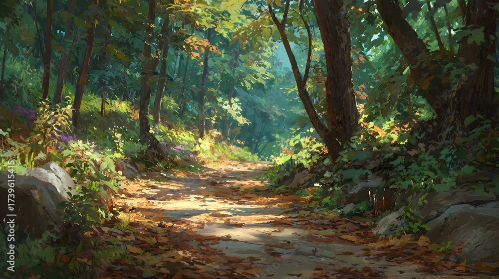 Fototapeta premium Serene landscape featuring a winding dirt path through a vibrant forest, showcasing lush green foliage, sunlit spaces, and fallen leaves on the ground, portraying a peaceful and inviting environment