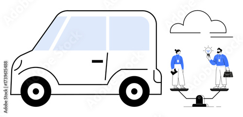 Compact electric car next to two office workers on a seesaw exchanging ideas under a cloud. Ideal for energy efficiency, teamwork, balance, innovation, eco-friendly transport, sustainability