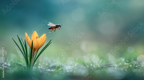 Filigree yellow crocus flower blossoms in green grass are pollinated by flying insects like honey bees or flies in spring time close-up macro with blurred background in garden landscape blooming wild