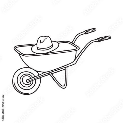 A wheelbarrow with a sunhat resting on top