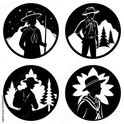 Four circular emblems depicting scouts in various outdoor settings in black and white style art