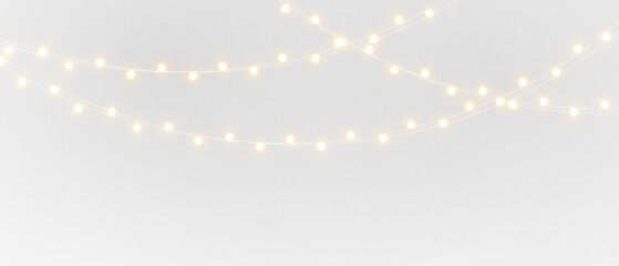 Christmas lights isolated on transparent background. Festive garland with golden bulbs for winter holiday decoration and celebration design.