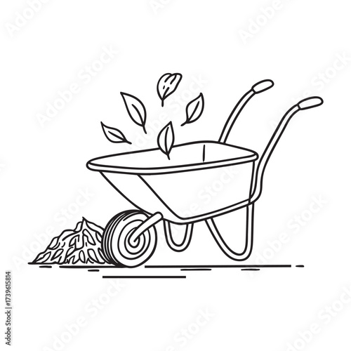 A wheelbarrow with leaves scattered around