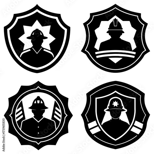 Four firefighter emblems in black and white featuring silhouettes of firefighters in various shield shapes