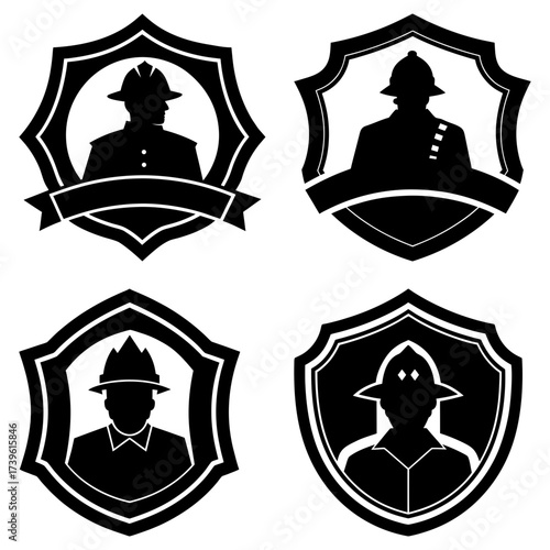 Collection of firefighter emblems featuring silhouettes of men in shields with banners and hats