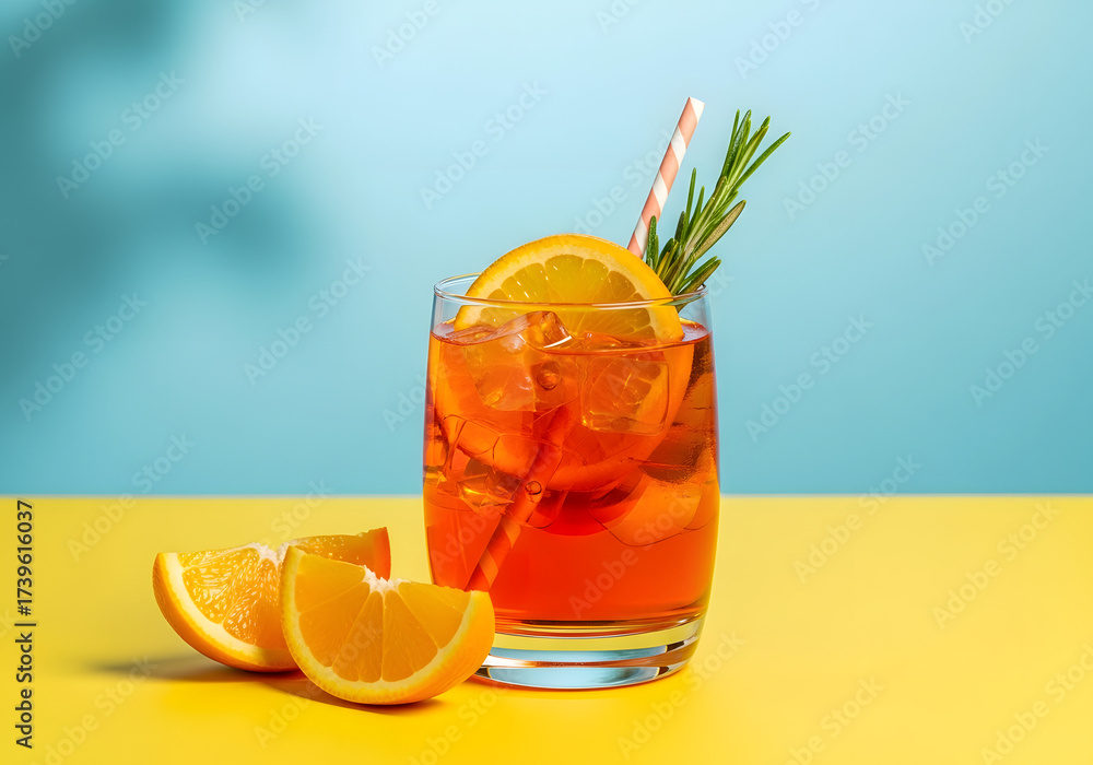Fototapeta premium Refreshing orange cocktail with garnish and orange slices on a yellow table with blue background