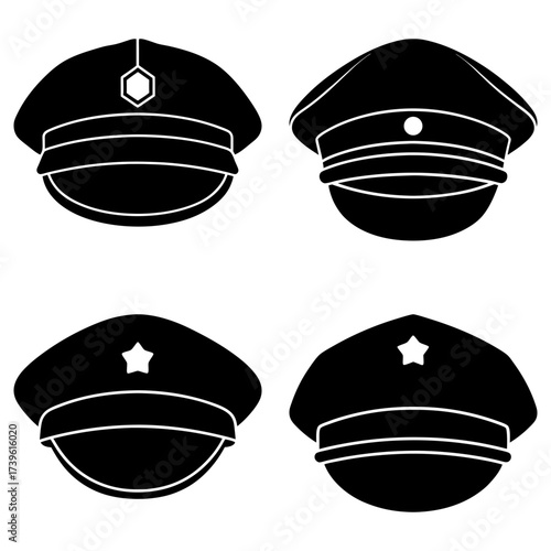 Illustration featuring four distinct black military style caps with varying decorations and designs shown together