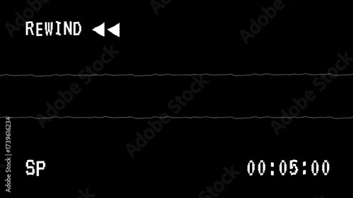 VHS video tape rewind screen on black background. suitable for video editing projects, movie trailers, film intros, and social media content. 4k video