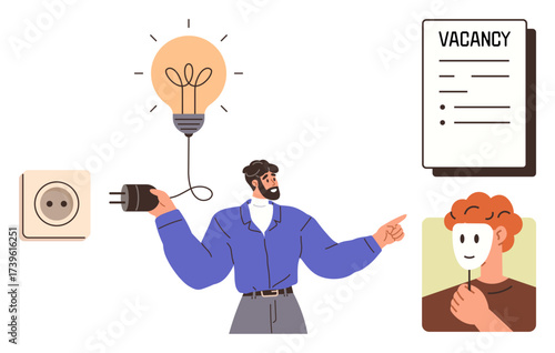 Man plugs cable into bulb, gestures toward mask and vacancy sign. Ideal for creativity, job search, problem-solving, innovation, personal growth, transparency motivation. A simple flat metaphor