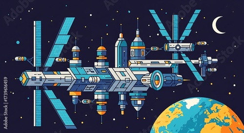 Fototapeta Naklejka Na Ścianę i Meble -  Space Station Orbiting Earth in the Night Sky.