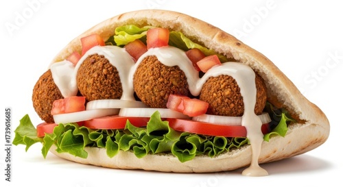 Delicious Falafel Pita Sandwich with Fresh Vegetables and Creamy Sauce