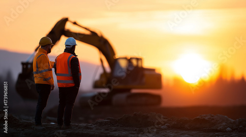 Construction site at sunset with industrial excavator, engineers in protective gear managing project details construction site sunset, excavator, engineers protective gear, industr