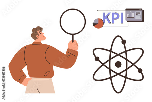 A man holds a magnifying glass, examining KPI data and an atomic model. Ideal for analytics, research, science, data visualization, business strategy, innovation, simple flat metaphor