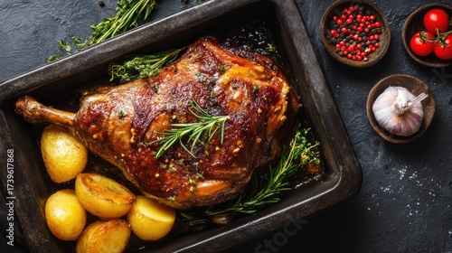 Elegant photo of roasted lamb leg with potatoes, garlic and rosemary in a baking tray.