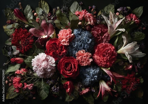 Wallpaper Mural Floral Arrangement of Red Pink and Blue Blooms with Green Leaves on a Dark Backdrop Torontodigital.ca