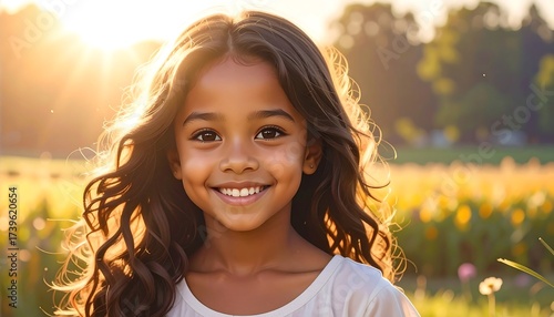 Portrait of a happy girl in a sunny field with a beautiful smile