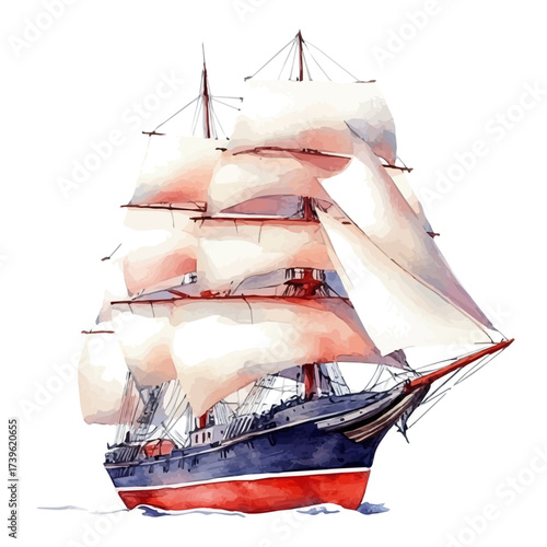 Ship, watercolor painting vector, isolated on a white background.