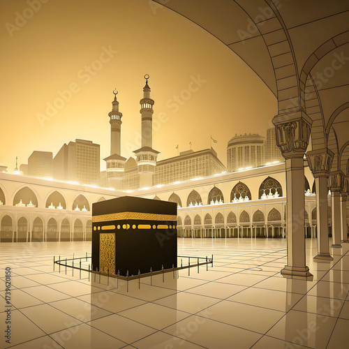 minimal kaaba with masjid al haram view golden li