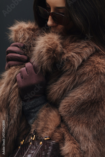 Stylish autumn winter fashion outfit of brown fur coat, velvet gloves and woven leather handbag, women's casual style cloth