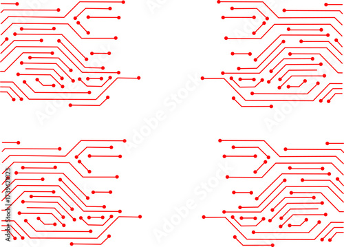 Abstract red circuit board pattern on white background. Futuristic digital technology design with electronic lines, connections, and network concept illustration.
